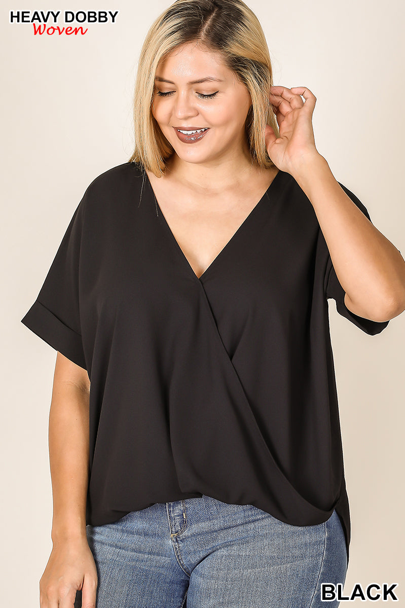 Hallie Short Sleeve Draped Front Top in Black