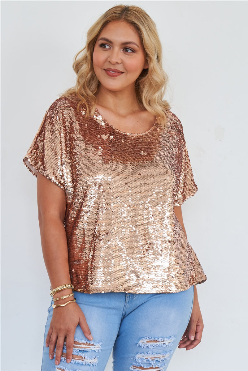 PLUS Rose Gold Party Girl Short Sleeve Sequin Top