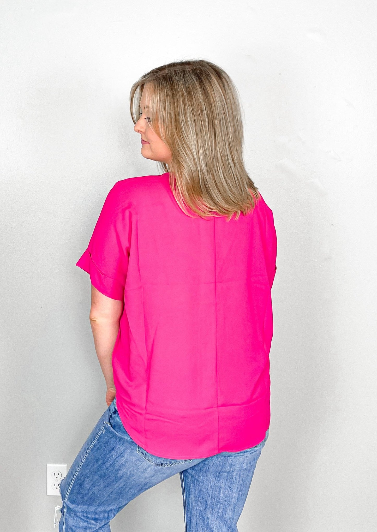 Hallie Short Sleeve Draped Front Top in Hot Pink