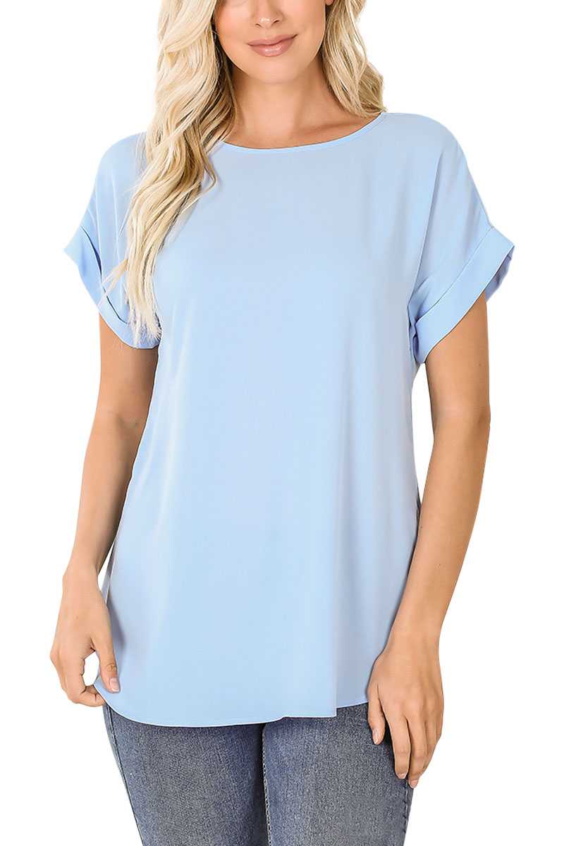 Holly Rolled Sleeve Blouse Top in Spring Blue and Light Sage