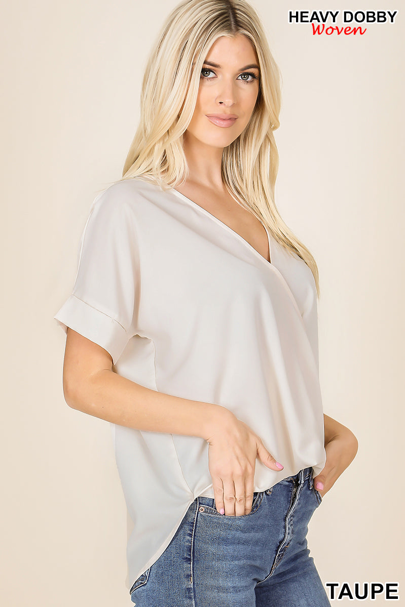 Hallie Short Sleeve Draped Front Top in Taupe