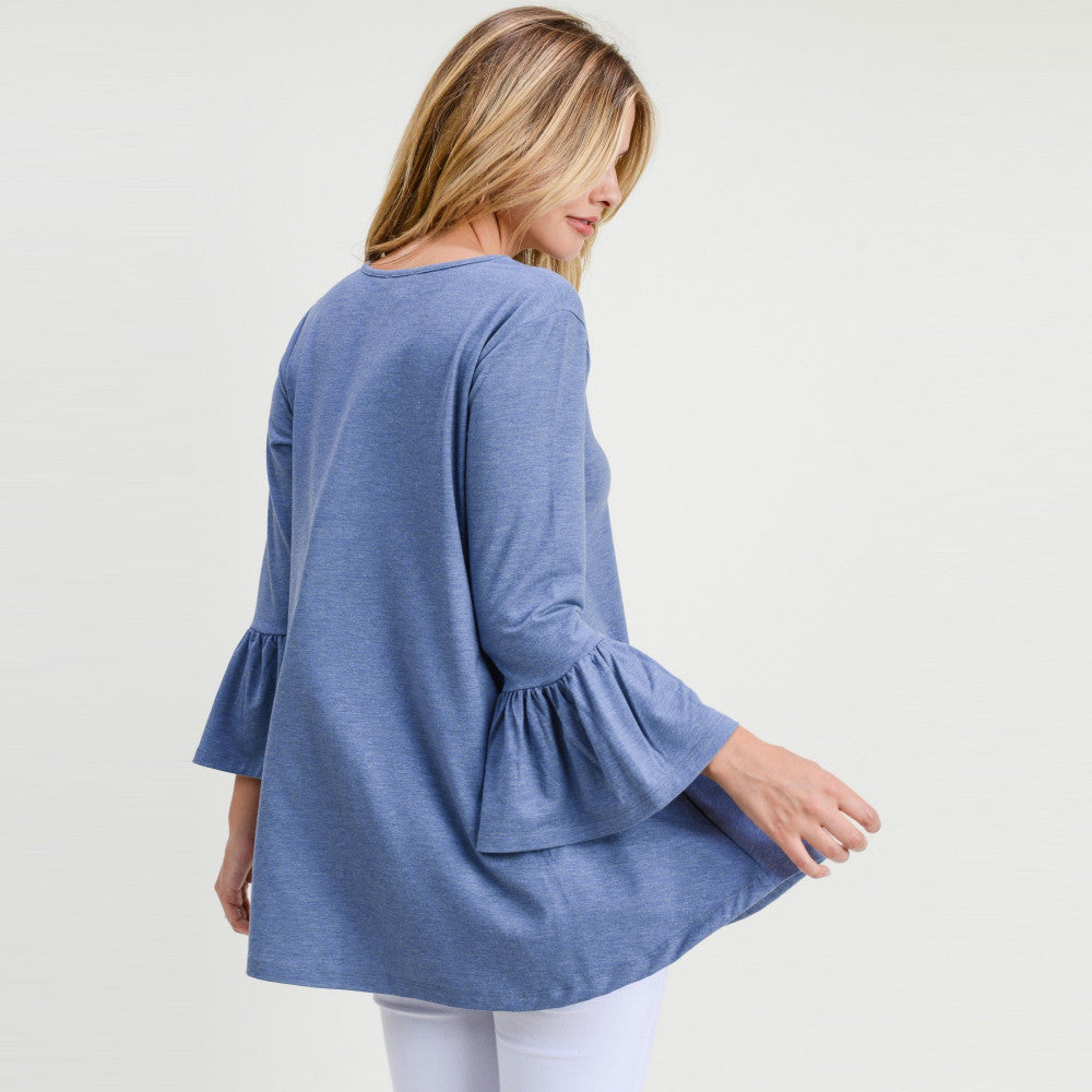 Light Blue Solid Bell Sleeve Tunic Top
