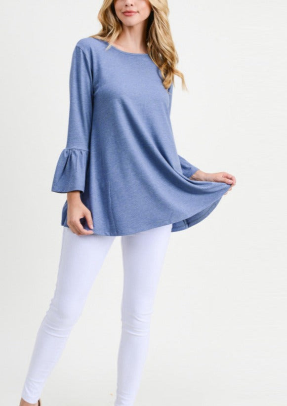 Light Blue Solid Bell Sleeve Tunic Top