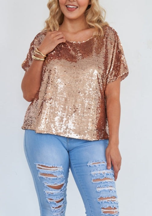PLUS Rose Gold Party Girl Short Sleeve Sequin Top