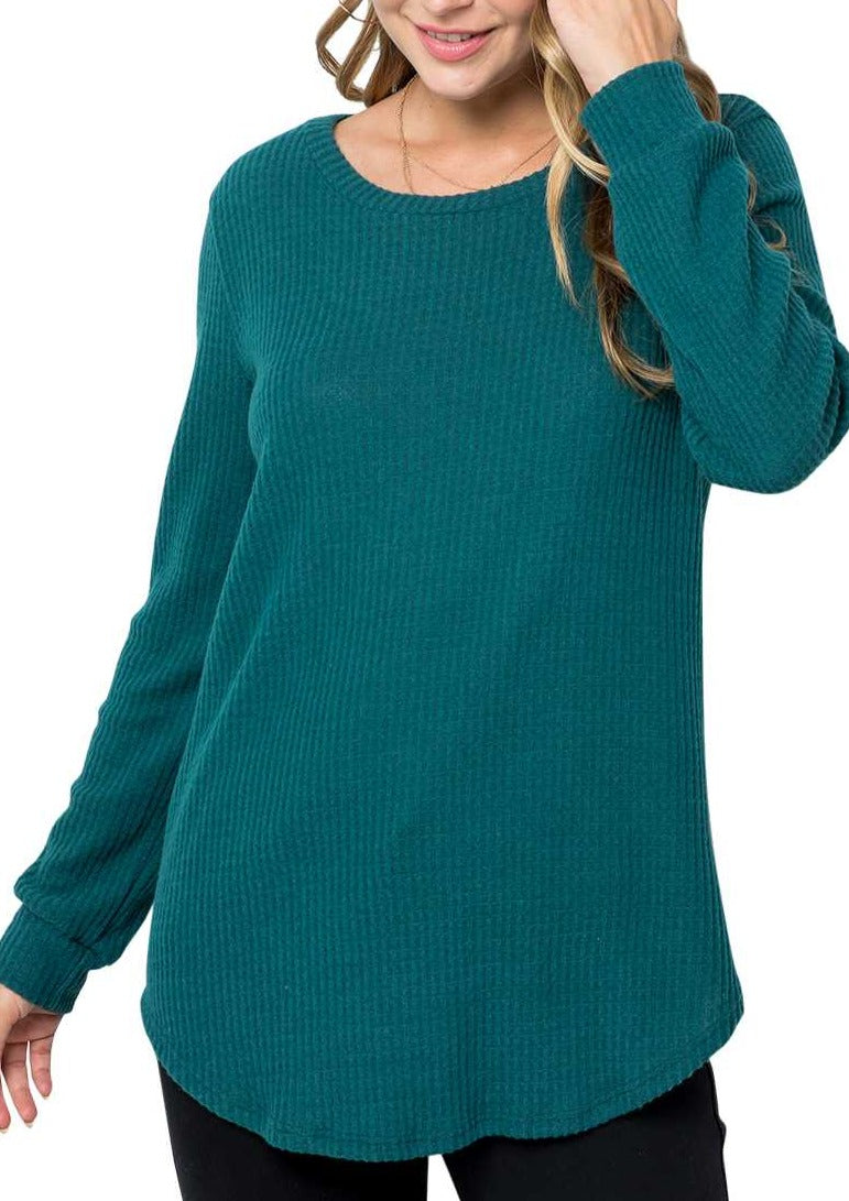 Waffle Knit Long Sleeved Top in Teal