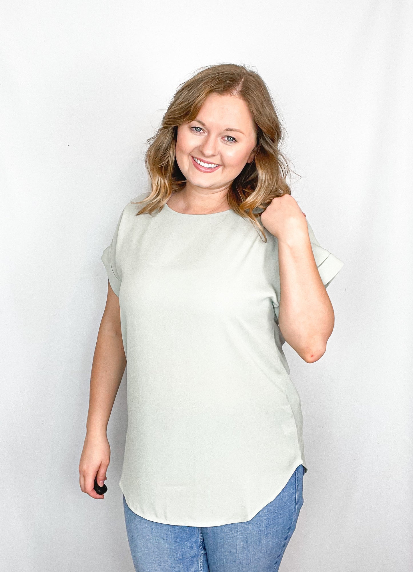 Holly Rolled Sleeve Blouse Top in Spring Blue and Light Sage