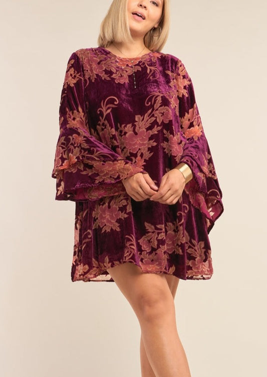 PLUS Wine Velvet Floral Pattern Long Sleeve Relaxed Fit Mini Dress