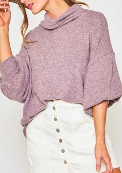 Cowl Neck Balloon Sleeve Sweater in Mauve