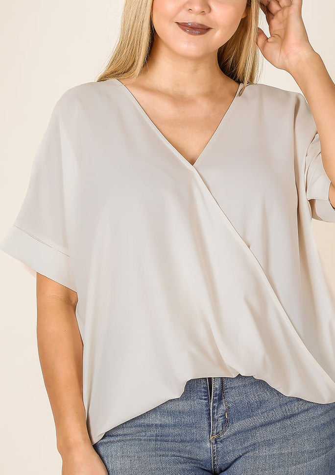Hallie Short Sleeve Draped Front Top in Taupe
