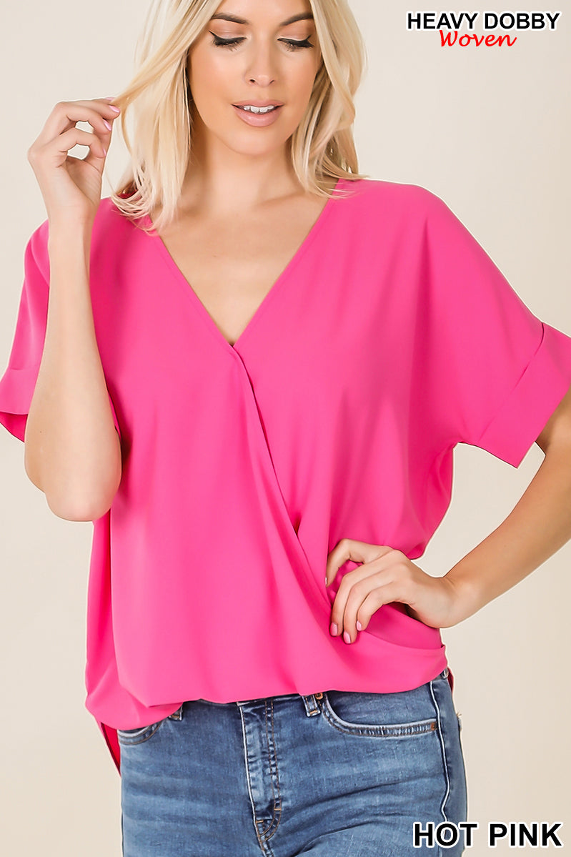 Hallie Short Sleeve Draped Front Top in Hot Pink