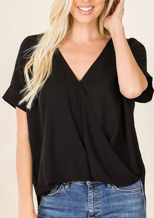 Hallie Short Sleeve Draped Front Top in Black