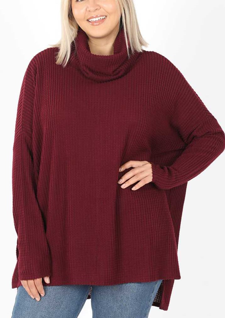 PLUS Crimson Waffle Cowl Neck Sweater